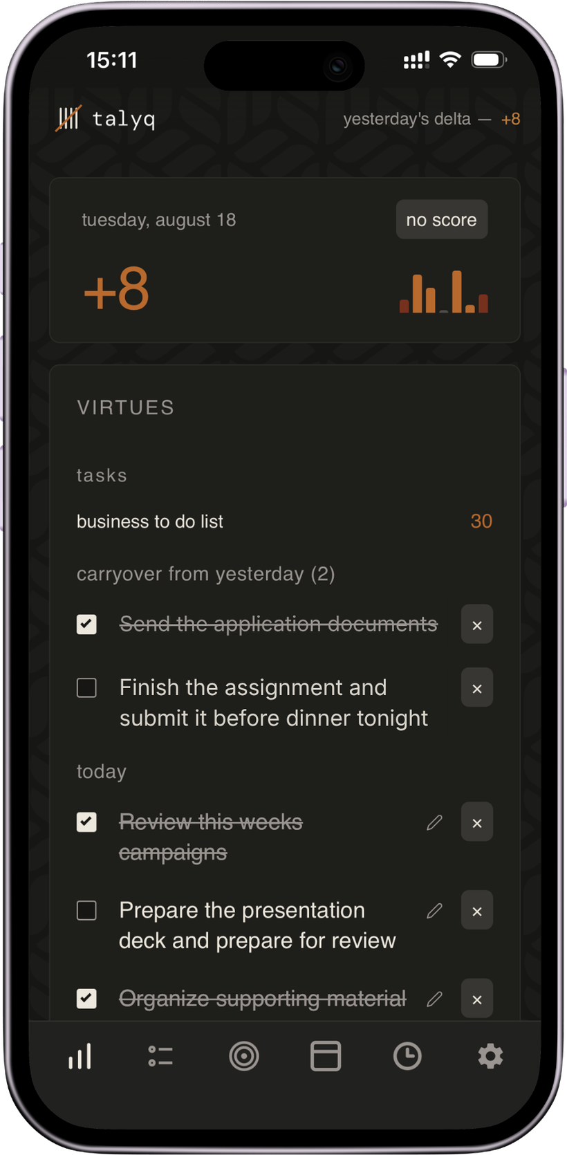 the today tab, showing virtues and the day's task list